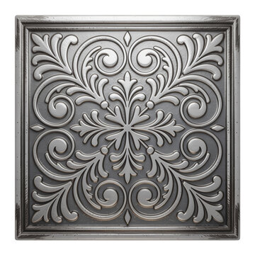 Embossed Tin Ceiling Tile with Floral Pattern Antique Silver Isolated on Transparent Background