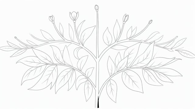 Black and white minimalist botanical illustration of a plant with leaves and buds