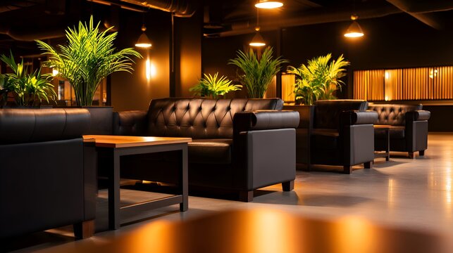 A stylish lounge area with black sofas and vibrant green plants, illuminated by warm lights