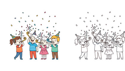 Fototapeta premium Happy kids celebrating a birthday party with confetti and blowers. Cute children in party hats, colorful and black and white coloring page vector illustration.