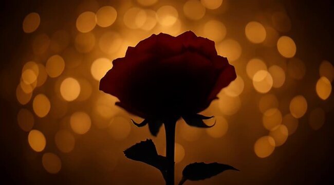 Silhouette of a red rose on a stem with a bokeh background