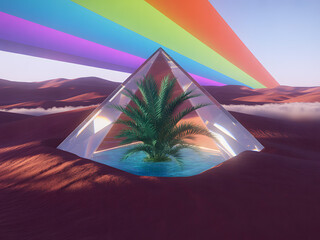 Fototapeta premium A transparent glass pyramid encapsulates a vibrant green palm tree and serene blue water within a reddish desert landscape under a brilliant sky with a colorful rainbow arc