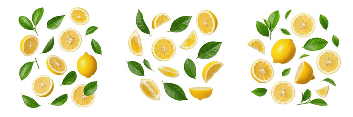 Flying fresh lemon slices and whole fruit with green leaves isolated on white background