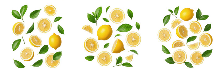 Flying fresh lemon slices and whole fruit with green leaves isolated on white background