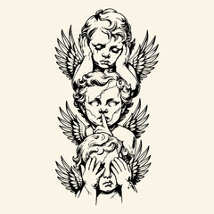 Naklejka premium Three Winged Cherubs See Hear Speak No Evil Tattoo Illustration