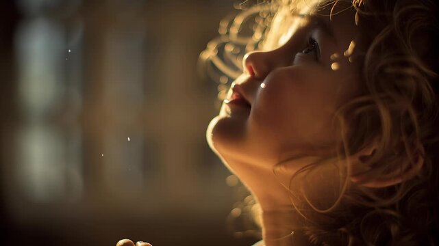 A young child praying with hands gently pressed together, close-up focusing on the child&rsquo;s face and clasped hands, warm golden morning sunlight softly illuminating the skin, peaceful spiritual mood