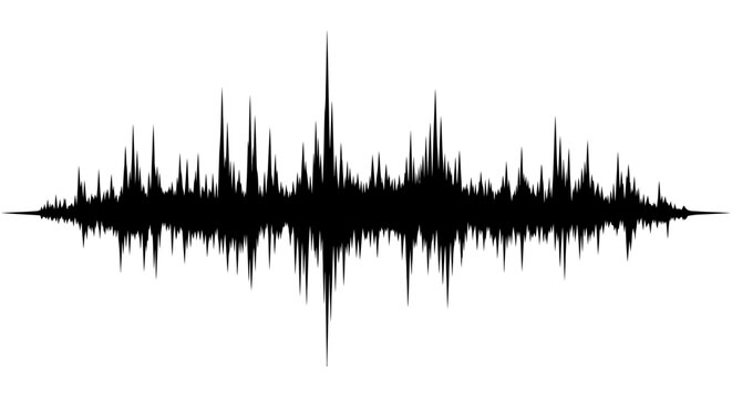 Complex Black Audio Sound Wave with Sharp Spikes on Isolated White Background