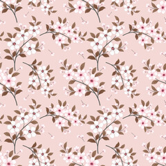 Elegant cherry blossom seamless pattern featuring pink spring flowers and green leaves on a vintage floral branch vector illustration for nature wallpaper and backdrop design