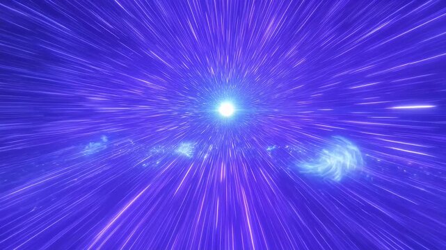 Abstract hyperdrive space travel through blue wormhole with vibrant light rays