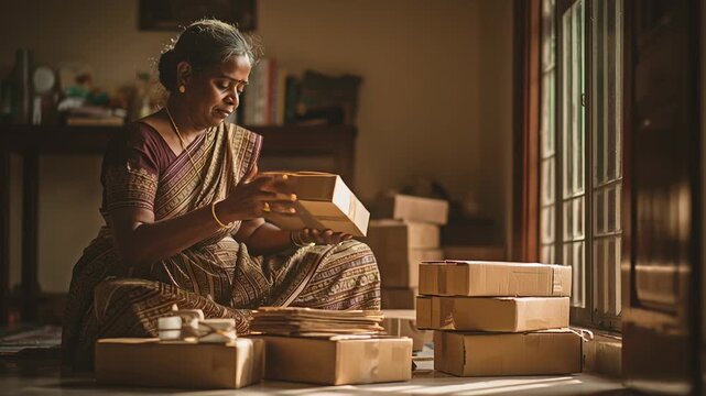 An Indian woman wearing a traditional sari sitting on the floor in a small home workspace, carefully packing products into cardboard shipping boxes for sale. Several boxes are stacked around her 