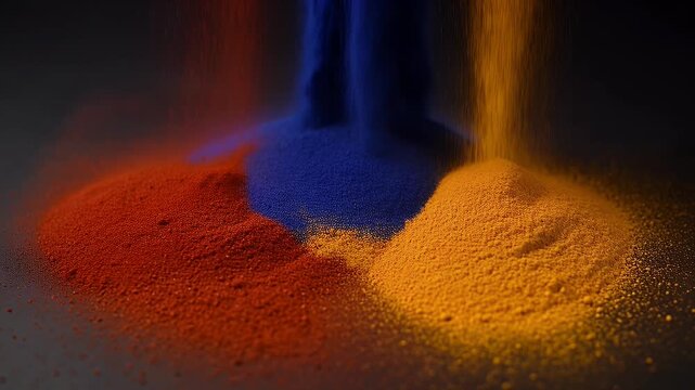 Three streams of colored powder falling, creating distinct piles of red, blue, and yellow