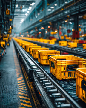Yellow Plastic Totes Stacked in Industrial Production Line Buffer Zone on Metal Tracks