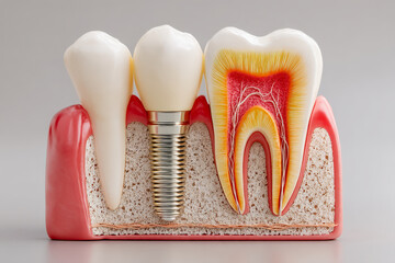 Human jawbone cross-section with dental implant, gum layers, and osseointegration detail