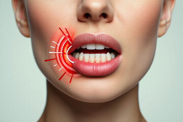 Woman with red pain circles on her lips and mouth