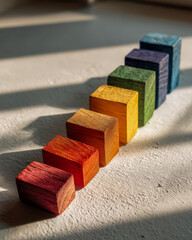 Colorful wooden blocks in step sequence, performance improvement and growth stages