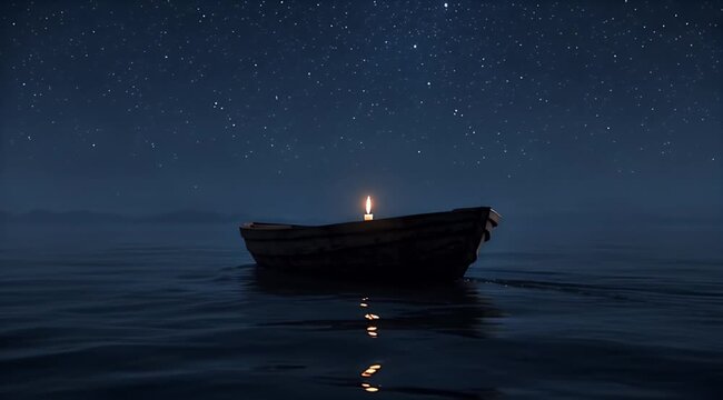 A small rowboat with a single candle drifts on dark water under a starry night sky