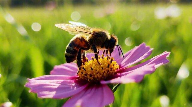 macro honey bee on vibrant flower in sunny meadow perfect for spring nature and wildlife backgrounds
