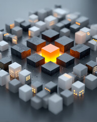 Glowing data integrity cubes circling a central verification core, matte tabletop concept
