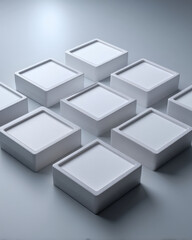 Obraz premium Empty transparent ID badge holders laid out in tidy grid on smooth white background