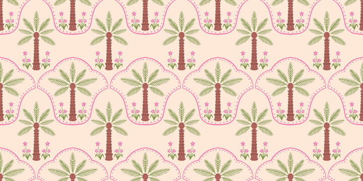 Palm pattern. Exotic palm pattern motif, Exotic coconut design. decorative summer pattern Hawaiian shirts. curved lines frame the coconut tree in a cute ogee style. coconut tree on sand beige color.