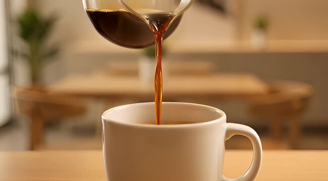 Freshly brewed coffee being poured into a white mug on a table