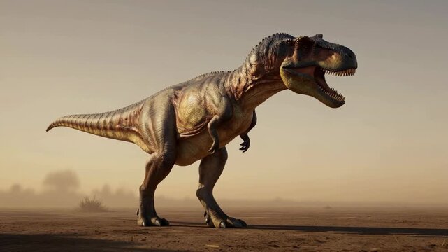 T Rex Dinosaur Roaring in Prehistoric Desert Landscape Cinematic 3d Render for Education Science Nature Documentary Background