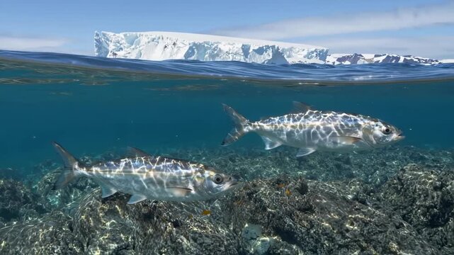 Two Silver Fish Swim Gracefully Underwater Near Rocky Seabed with Majestic Iceberg in Background during Bright Daylight