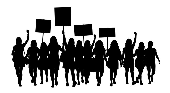 Group of women marching together with raised fists and blank signs.
