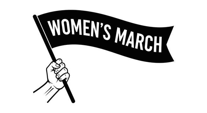 A hand holding a black flag with the words women_s march written on it in white.