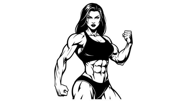A muscular woman with long hair flexing her biceps in a black sports bra and bikini bottoms.