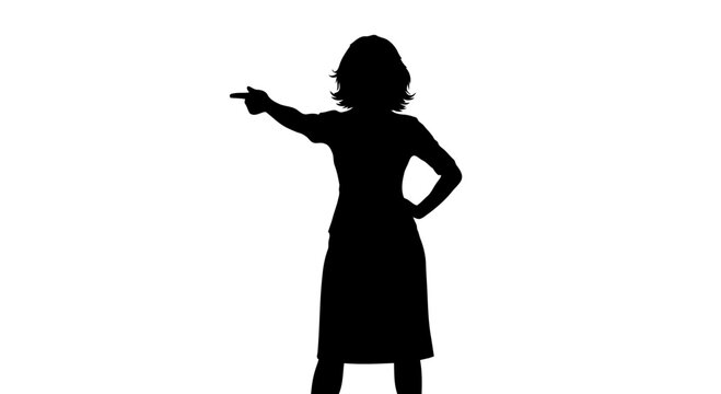 A confident woman silhouette pointing forward with her right hand on her hip.