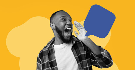 A person is shouting with hands cupped around their mouth. They have a joyful expression. The...