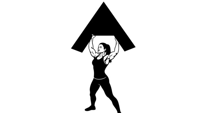 A woman lifting a large arrow upwards, symbolizing strength and progress.