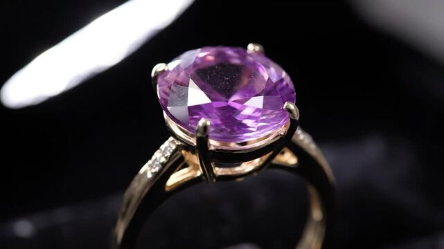 Close-up of a stunning amethyst ring with a vibrant purple gemstone on a dark background.