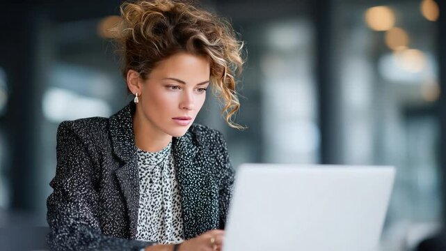 Focused Professional: An astute female professional concentrates intently, engrossed in her work at a laptop, exuding competence and dedication. 