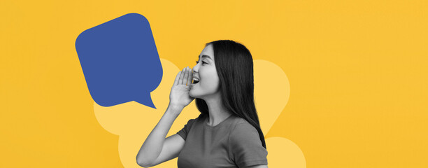 A woman stands in a bright location. She appears to be speaking loudly while looking forward. A speech bubble is shown next to her. The background is colorful and dynamic. © Prostock-studio
