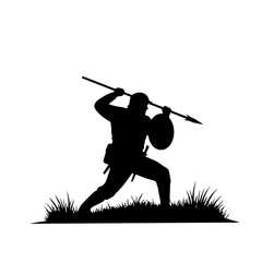 Obraz premium Warrior silhouette: The silhouette of a determined warrior, armed with a spear and shield, poised in a moment of readiness, embodies strength and resolve.