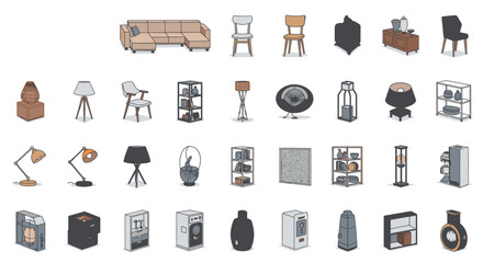 a comprehensive collection of isometric furniture and home decor items ideal for interior design elements and digital product assets.