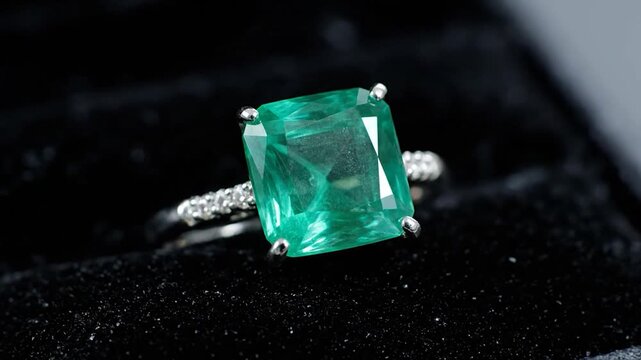 Close-up of a stunning emerald cut engagement ring with a vibrant green gemstone, sparkling on a dark velvet surface.