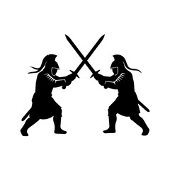 Naklejka premium Duel of Warriors: Two figures, clad in battle armor, engage in a fierce sword duel, a clash of steel against steel. Reflecting the raw intensity of combat and the eternal struggle between opponents.