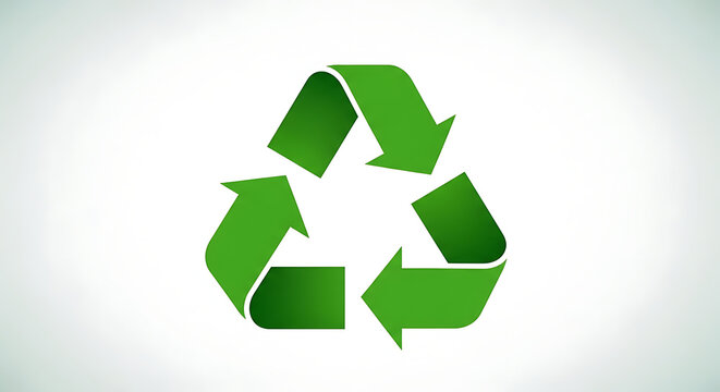 A universally recognized green recycling symbol, formed by three arrows looping into a triangle, signifying environmental protection, waste reduction, and the importance of sustainability.