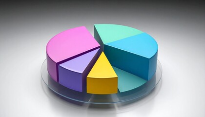 Obraz premium 3D pie chart with five colorful segments on transparent platform, symbolizing modern data distribution and statistical visualization.