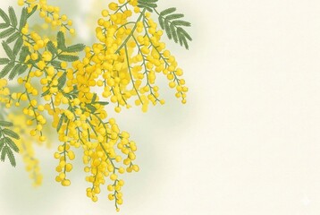 Yellow mimosa flower illustration background with copy space on the right