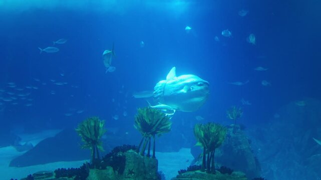 Ocean Sunfish (Mola Mola) Swimming Among Fish And Sea Plants In Blue Aquarium Tank