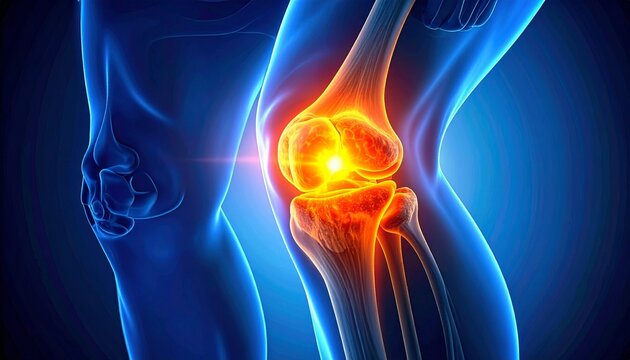 Close-up digital rendering of human knee joint glowing orange, symbolizing arthritis pain, inflammation, and cold-weather joint stress.