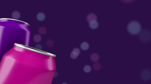 Aluminum soda cans in purple and pink floating against a dark violet background with soft bokeh lights creating a vibrant party atmosphere