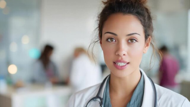 Portrait of a Medical Professional: A focused and dedicated healthcare professional, stands tall with stethoscope around her neck. This portrait of competence reflects a unwavering commitment to care.