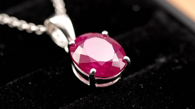 Close-up of a stunning ruby pendant necklace on a black velvet background, showcasing its vibrant red color and elegant design.
