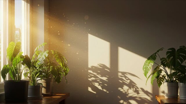cozy indoor garden with bright natural sunlight through window perfect for spring morning and interior design backgrounds