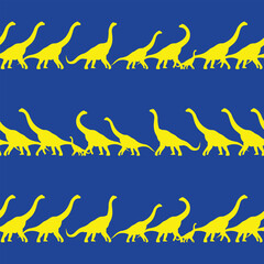 Seamless brachiosaurus dinosaur pattern with bright yellow silhouettes on dark blue background. Prehistoric repeating pattern for kids' wallpaper, nursery decor, textile and wrapping paper. © andrcnz